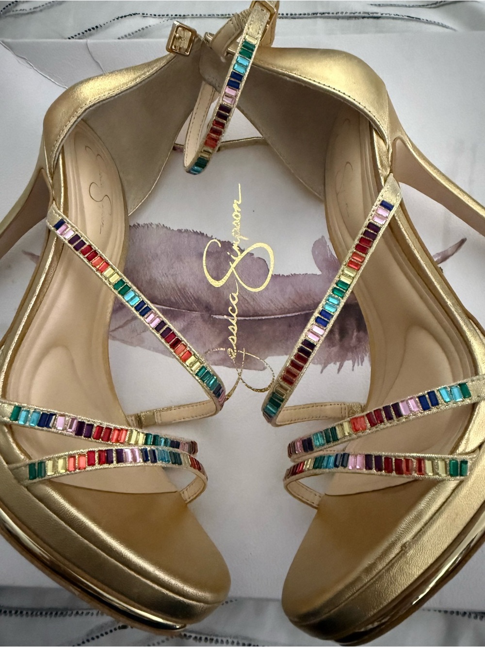 Jessica Simpson Gold Metallic Platform Heels with Multicolor Gem Straps - Picture 2 of 8